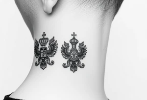 russian coat arms in a russian christian orthodox cross style virgin mary & orthodox dome church on the side of the neck tattoo idea