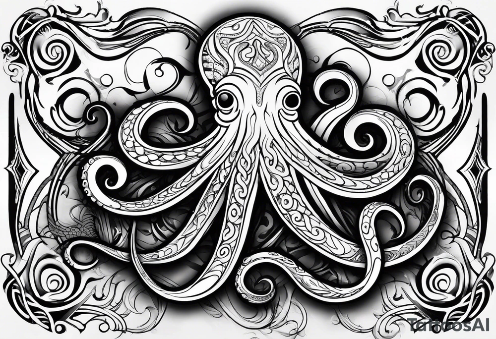 Hawaii tribal octopus with thick lines, less detail, and water waves tattoo idea
