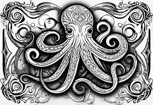 Hawaii tribal octopus with thick lines, less detail, and water waves tattoo idea