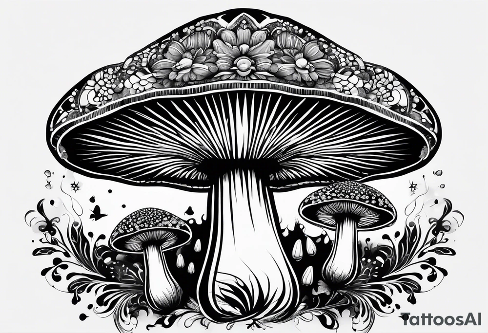 Shaggy cap mushroom dripping ink off cap mandala henna black tattoo design tattoo idea