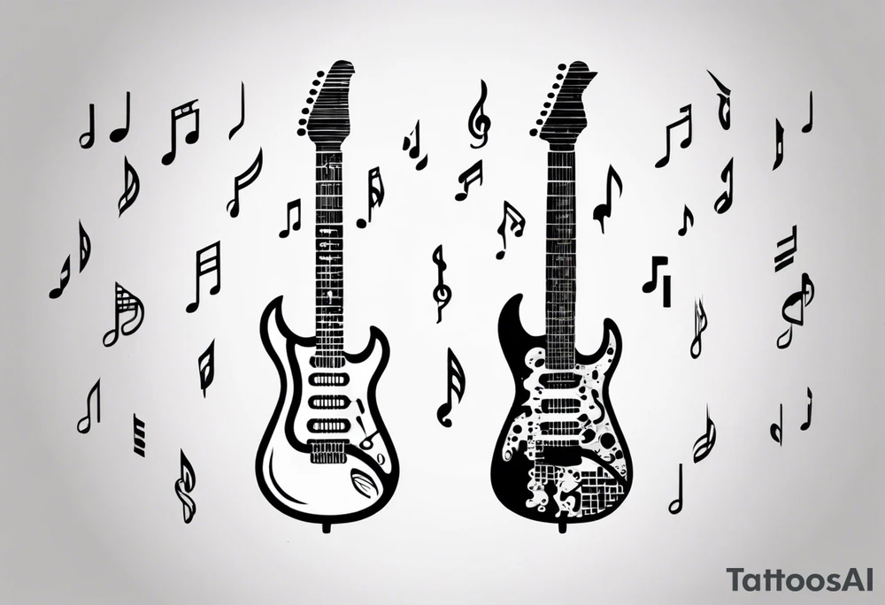 Create a unique vertical tattoo design inspired by my passion for the electric guitar and video games. Consider an abstract representation of musical notes and pixel graphics that fits well on the back of the forearm tattoo idea