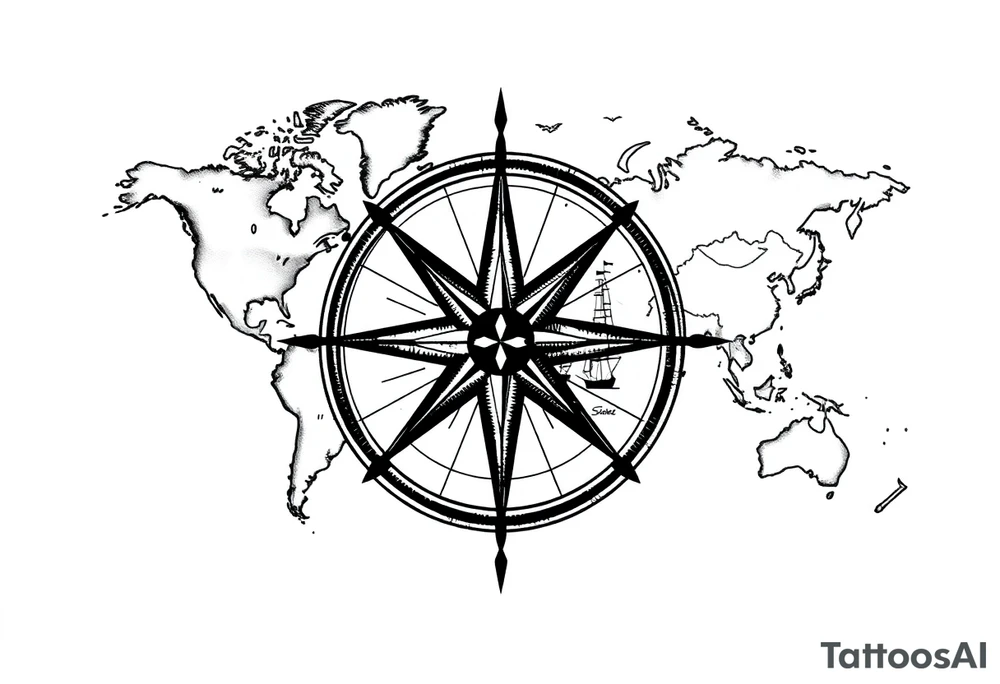 antique compass rose overlaid on weathered world map with sailing ships tattoo idea