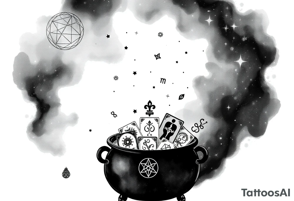 Milky way galaxy filled with zodiac symbols runes tarot cards coming out of a cauldron tattoo idea