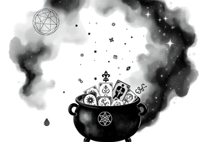 Milky way galaxy filled with zodiac symbols runes tarot cards coming out of a cauldron tattoo idea