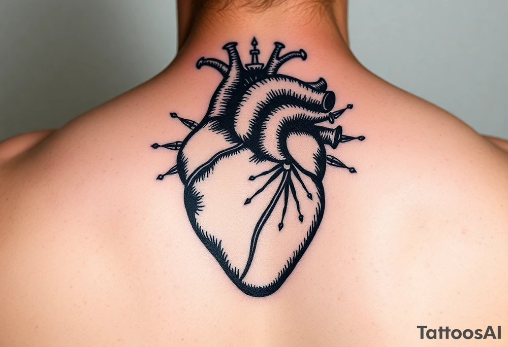 woodcut realistic human heart etching tattoo high detail anatomy with lines coming off of it like a nautical compass with lots of veins tattoo idea