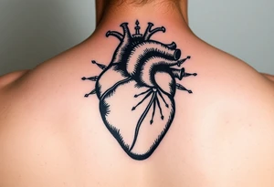 woodcut realistic human heart etching tattoo high detail anatomy with lines coming off of it like a nautical compass with lots of veins tattoo idea