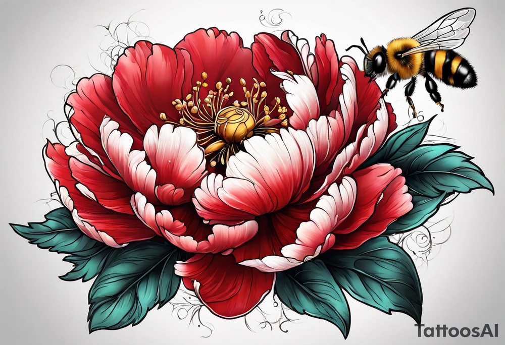red peony with bee tattoo idea