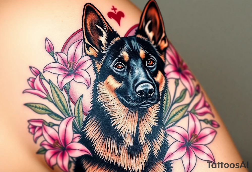 short haired german shepherd with alert ears surrounded by pink lilies with large leaves in front of a sacred heart tattoo idea