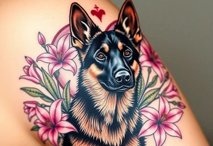 short haired german shepherd with alert ears surrounded by pink lilies with large leaves in front of a sacred heart tattoo idea