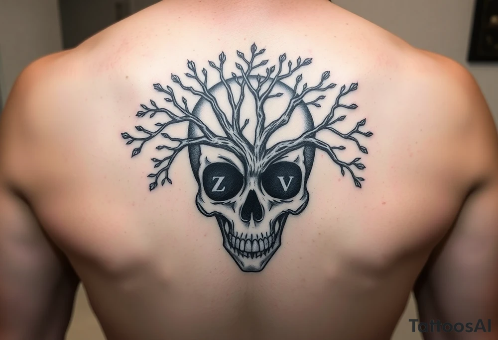 Plain black and white Mexican skull with inside a tree of life and two letter Z and V visible with the blank spaces of the branches tattoo idea
