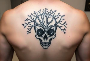 Plain black and white Mexican skull with inside a tree of life and two letter Z and V visible with the blank spaces of the branches tattoo idea