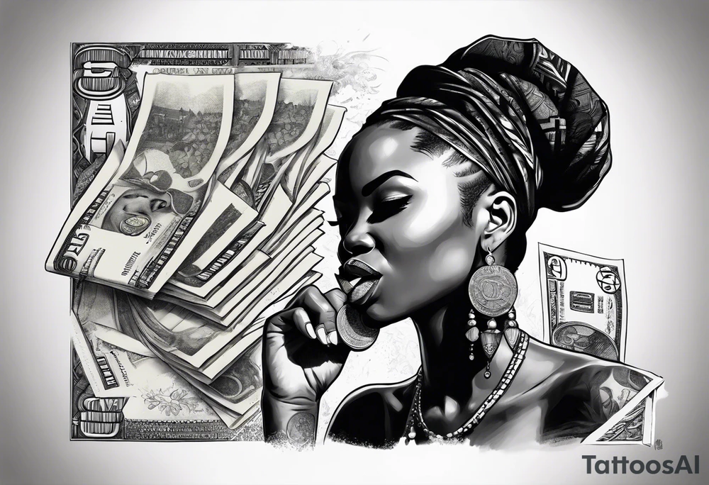 african woman biting money tattoo idea