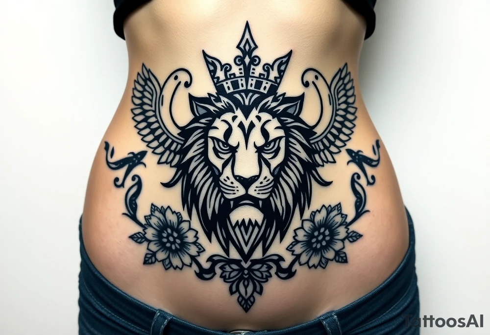 powerful majestic lion with a crown, surrounded by floral ornaments and birds tattoo idea