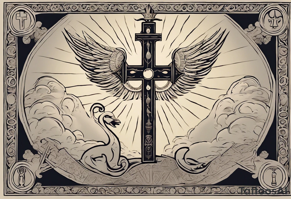 A medieval cross with an assyrian flag in the middle. A crown om top of the cross. The assyrian king Sennacherib. A sun and a moon. A cloud with rain and thunder. charizard. an imperfect cirkle. a candle. a swan. lemons. the god asshur with wings. an ankh. angel wings with a halo. surrounded by olive branches and feathers. tattoo idea