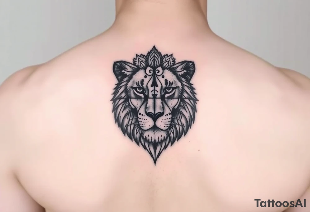 a female lion with no mane. A line going down the middle of her face and 1 side is a realistic lionses face, and the other half of the face is made up of mandalas tattoo idea