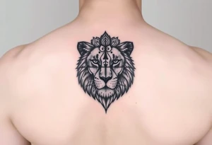 a female lion with no mane. A line going down the middle of her face and 1 side is a realistic lionses face, and the other half of the face is made up of mandalas tattoo idea