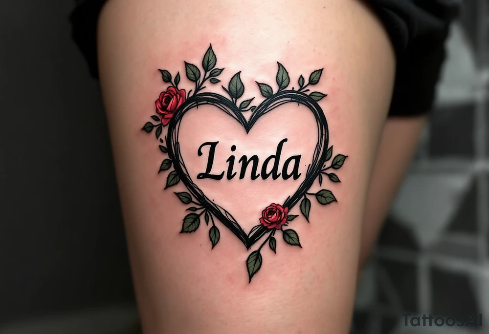 A vintage heart with bold black outlines, with name "Linda" in a traditional font, surrounded by small red roses and green leaves for a timeless look. tattoo idea