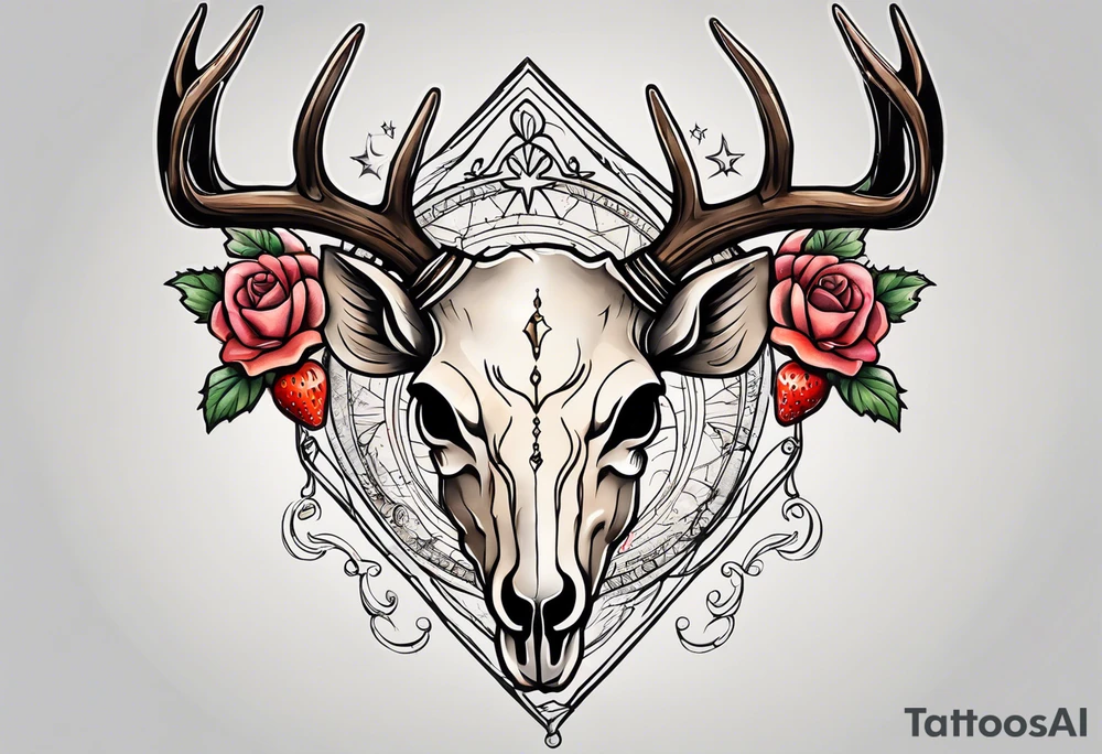 A deer skull. The astrological sign for Aries and Taurus hanging from the antlers. There should be some strawberry imagery in it also. tattoo idea