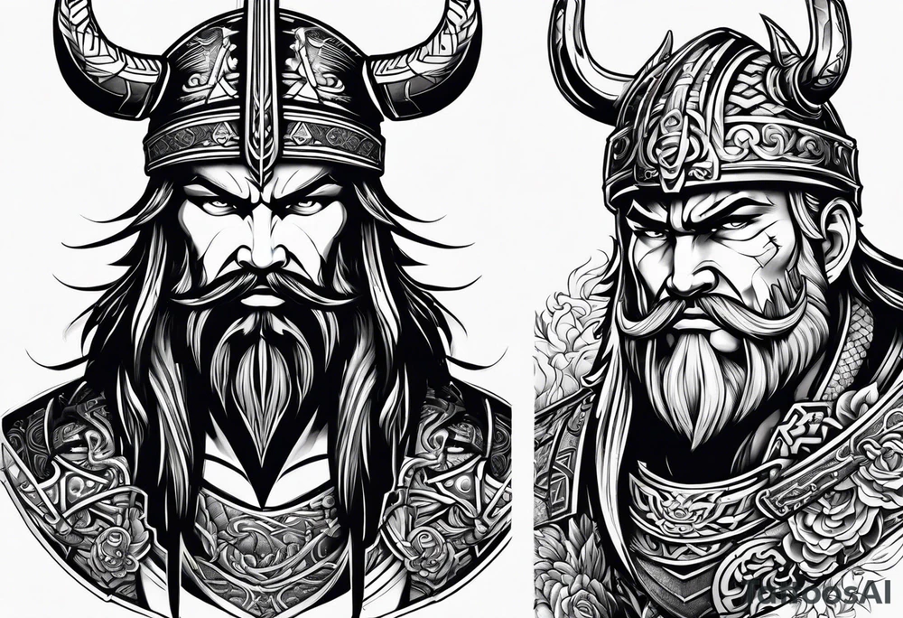 half face of a viking and half face of samurai tattoo idea