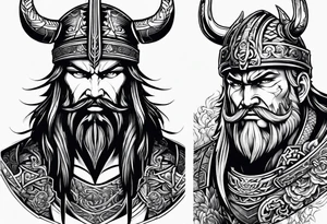 half face of a viking and half face of samurai tattoo idea