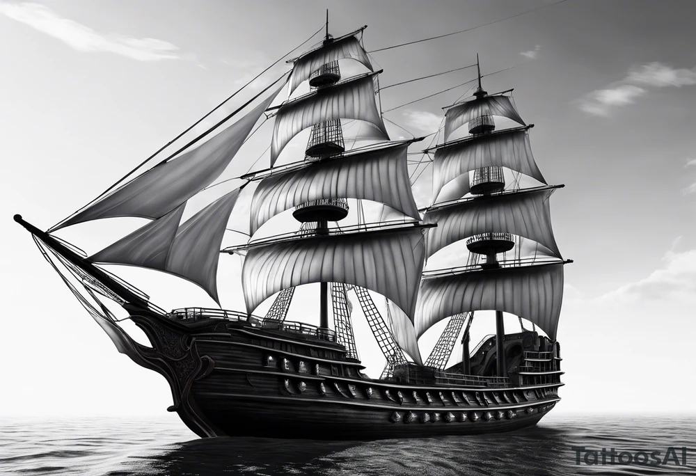 royal huge dark wooden ship 3D with sun tattoo idea