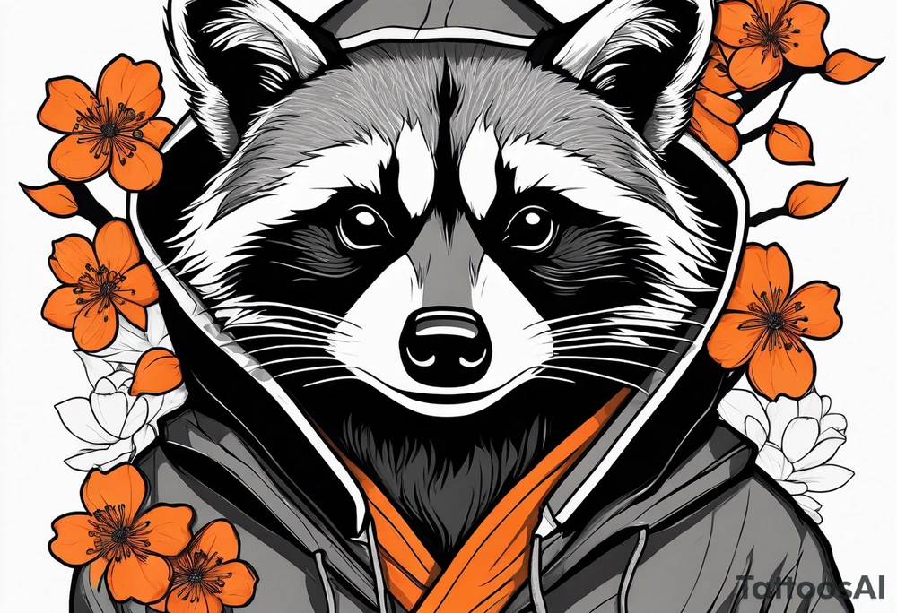 raccoon wearing a black and white Superman hoodie and orange Japanese cherry blossoms tattoo idea