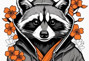 raccoon wearing a black and white Superman hoodie and orange Japanese cherry blossoms tattoo idea