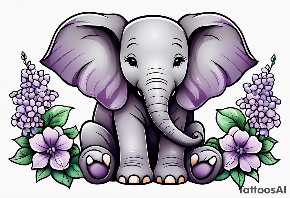 Baby elephant sitting with lilacs in its trunk tattoo idea