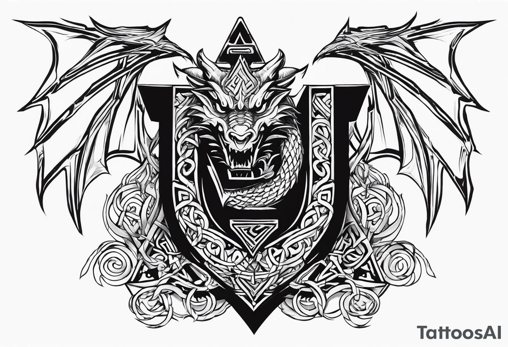 Valhalla sword shield dragon axe Valknut barbed wire chains tribal tattoo idea Valhalla sword shield dragon axe Valknut barbed wire chains tribal tattoo idea
