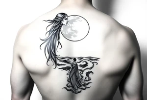Elaphany with tribal woman standing in front of the ocean and moon tattoo idea