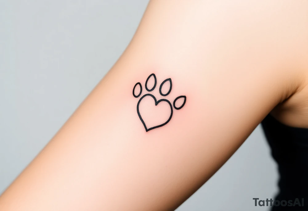 A simple black-line paw print forming a heart, with clean, thin strokes for a timeless and elegant minimalist design tattoo idea
