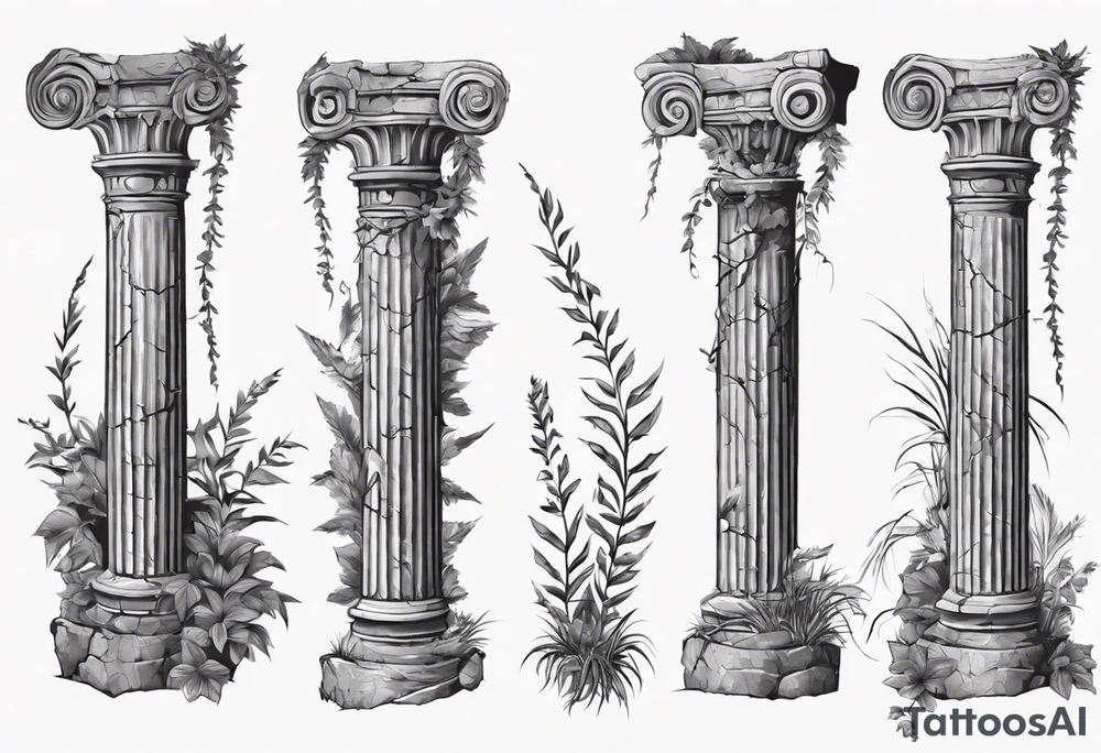 Ancient roman pillar in the Ionian style. It has cracks on it, and on the lower half some overgrown plants. It is broken halfway. tattoo idea