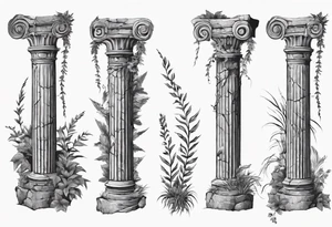 Ancient roman pillar in the Ionian style. It has cracks on it, and on the lower half some overgrown plants. It is broken halfway. tattoo idea