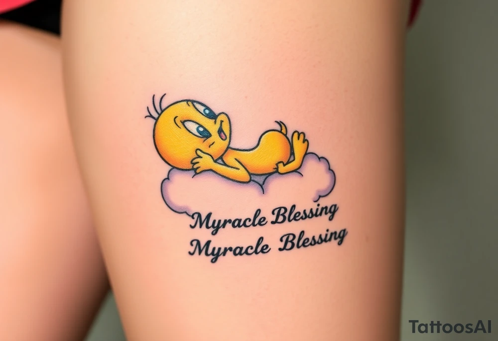Tweety Bird laying on a cloud with his head in his hands looking up at the sky. Under the cloud in small capital letters is the name Myracle Blessing tattoo idea