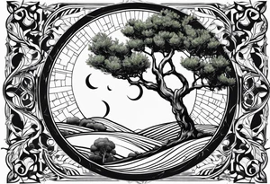 An olive tree growing in a moon tattoo idea
