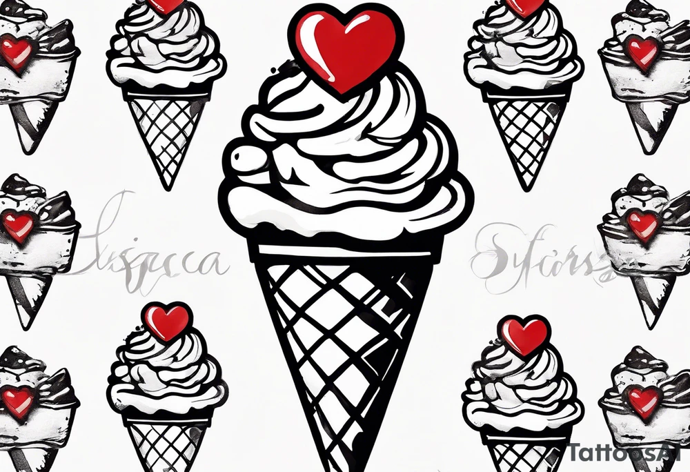 sketch chocolate chip ice cream cone with one red heart tattoo idea