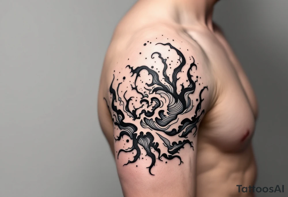 Fine line powerful ocean half sleeve with some shading tattoo idea