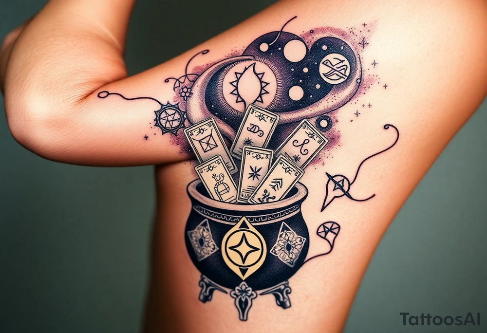 Milky way filled with zodiac symbols runes tarot cards coming out of a cauldron tattoo idea