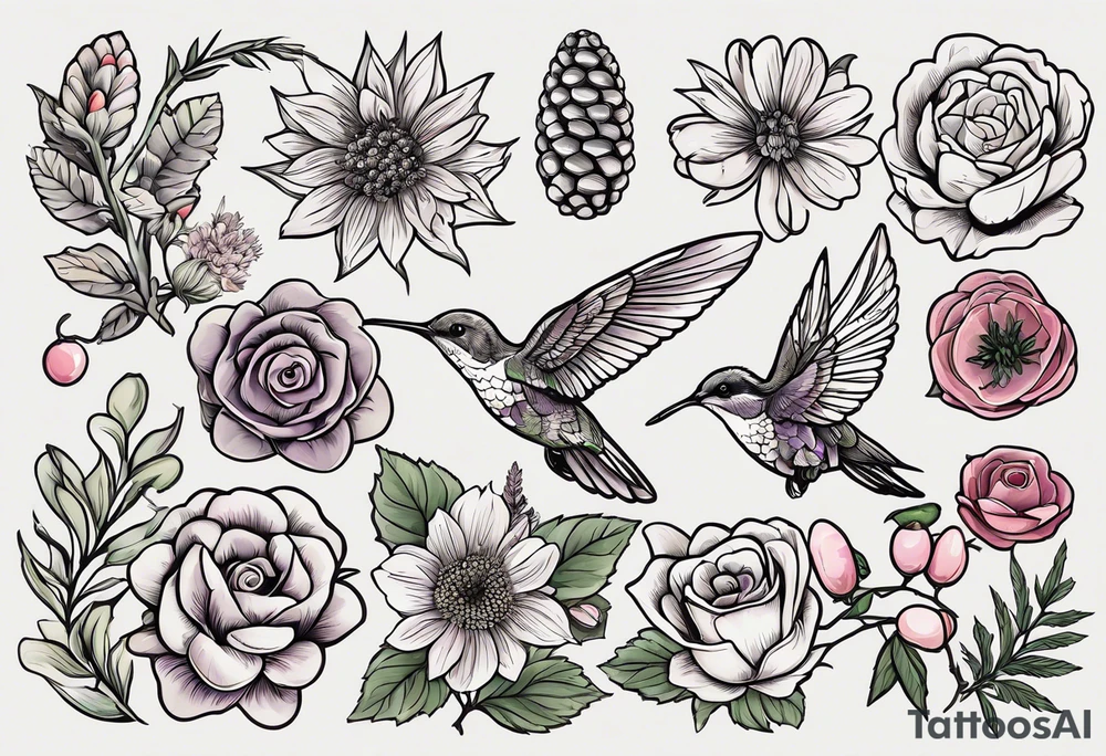 Hops, Rosemary, Thyme, Sage, Juniper, Corn, Wheat, Rose, Sunflower, Cherry blossom, Apple blossom, Honeycomb, Maple leaves, Violet/primrose, Carrot, Cherry, Apple/apple core, Acorns

Hawk, Lightbulb, Hummingbird

sleeve tattoo idea