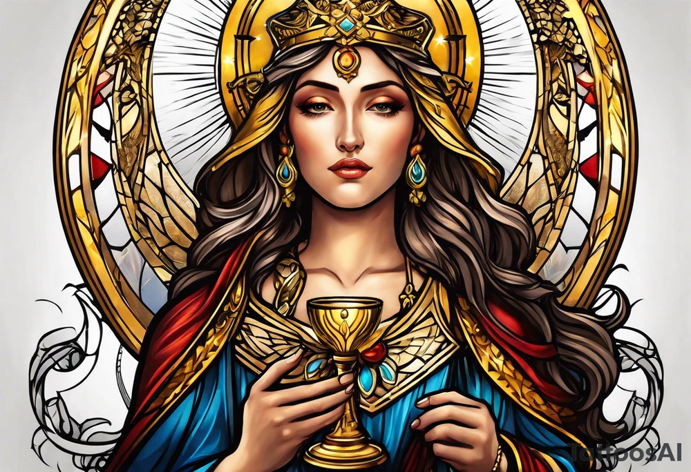 holy saint woman with golden halo holding a chalice tattoo idea