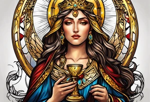 holy saint woman with golden halo holding a chalice tattoo idea