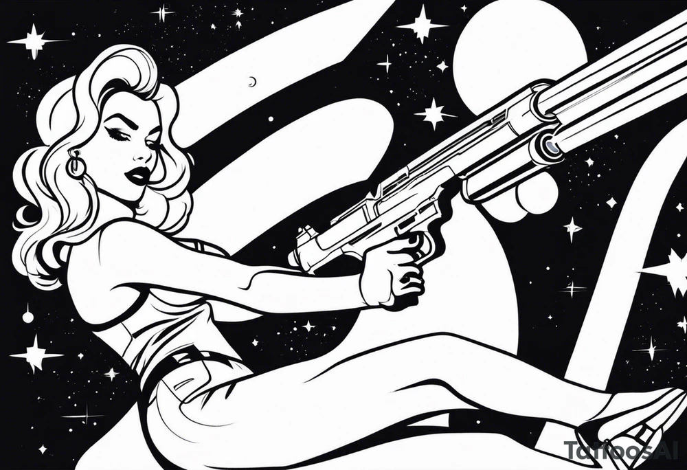 Pinup woman holding laser gun in space tattoo idea