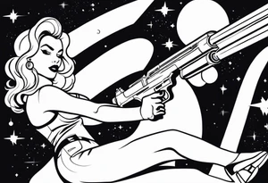 Pinup woman holding laser gun in space tattoo idea