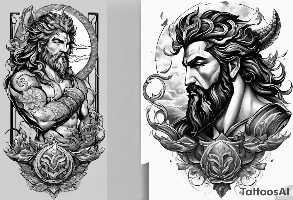 Elbow to wrist tattoo, with most of it being the god Poseidon. I want it to be very detailed. I would like it to flow from the tattoo above which has clouds as a background tattoo idea