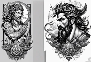 Elbow to wrist tattoo, with most of it being the god Poseidon. I want it to be very detailed. I would like it to flow from the tattoo above which has clouds as a background tattoo idea