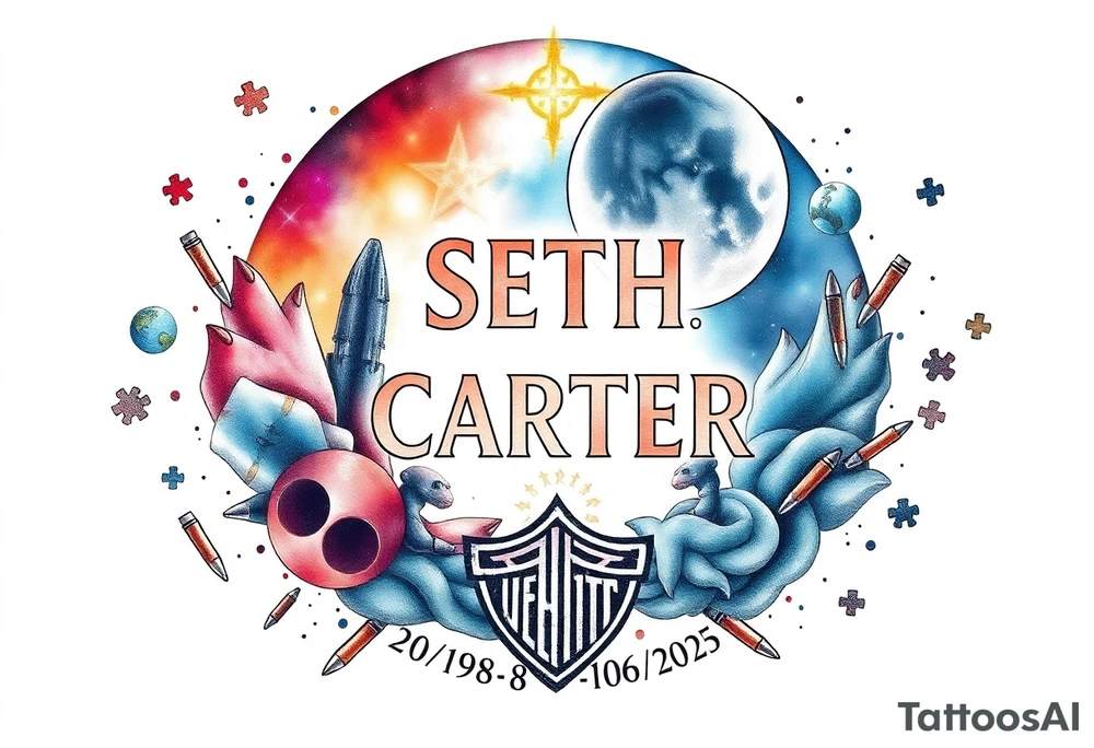 memorial, futuristic, star wars, space, Harley Davidson, skateboarding, camping, puzzle pieces, video games, heaven, god, outdoors, bullets,
Seth J. Carter AKA "Darth Carter"
12/29/88-01/06/2025 tattoo idea