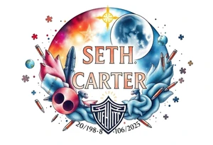 memorial, futuristic, star wars, space, Harley Davidson, skateboarding, camping, puzzle pieces, video games, heaven, god, outdoors, bullets,
Seth J. Carter AKA "Darth Carter"
12/29/88-01/06/2025 tattoo idea
