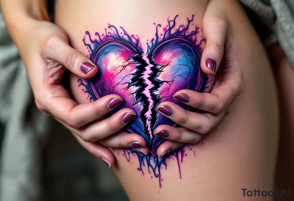 A heart being torn apart by two hands, colored in deep purples and blues, symbolizing heartbreak and struggle. tattoo idea