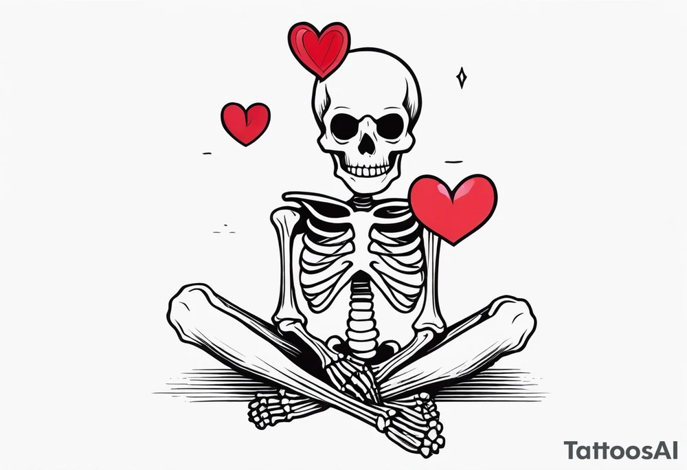 One skeleton with eyes in the shape of hearts, one skeleton sitting tattoo idea
