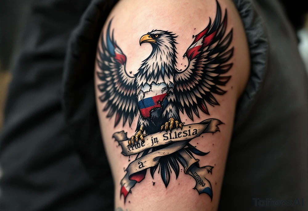 Battle-Worn Silesian Eagle with Torn Banners – A strong, battle-scarred eagle with ripped blue, red and white banners flowing behind it, representing the resilience of Silesia. The eagle's claws clutch an old sword or a scroll with historical inscriptions, adding a storytelling element. tattoo idea
